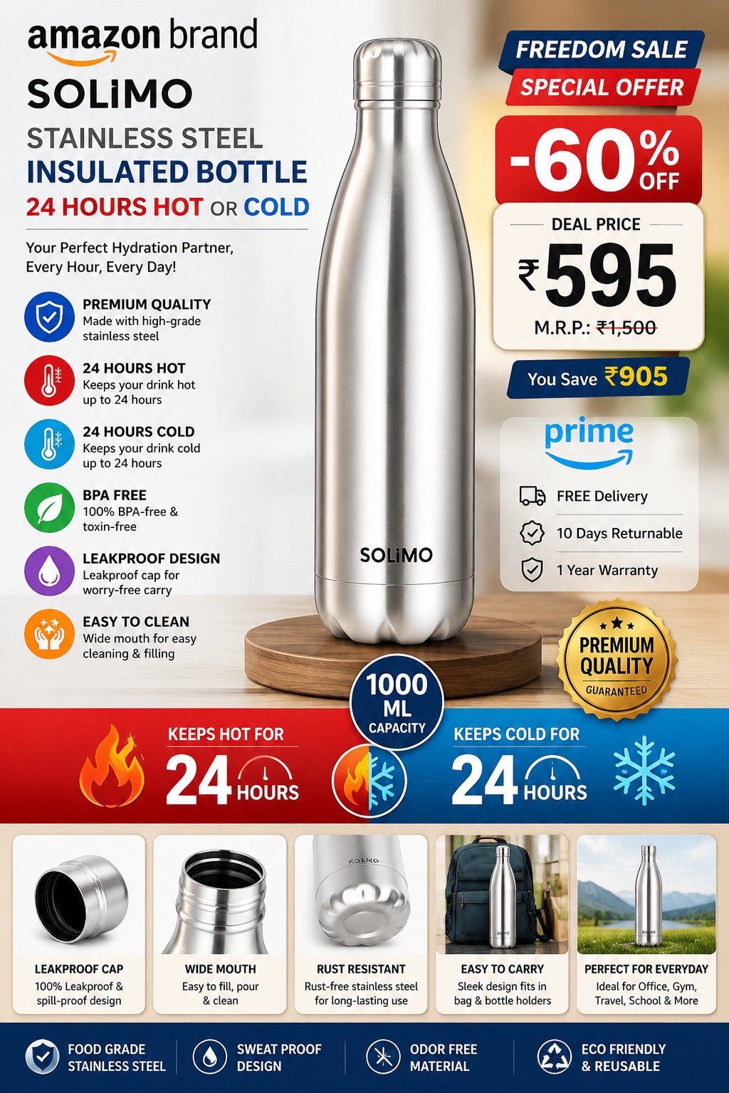 Amazon Brand Solimo Stainless Steel Insulated Bottle, 1000 ml